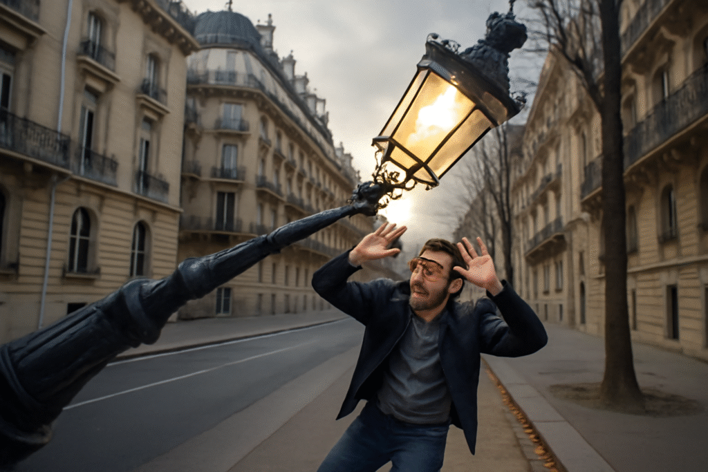 un accident évité de justesse à paris : un lampadaire haussmannien s'effondre sur un piéton, provoquant l'émoi et rappelant l'importance de la sécurité urbaine. découvrez les détails de cet incident rare dans la capitale.