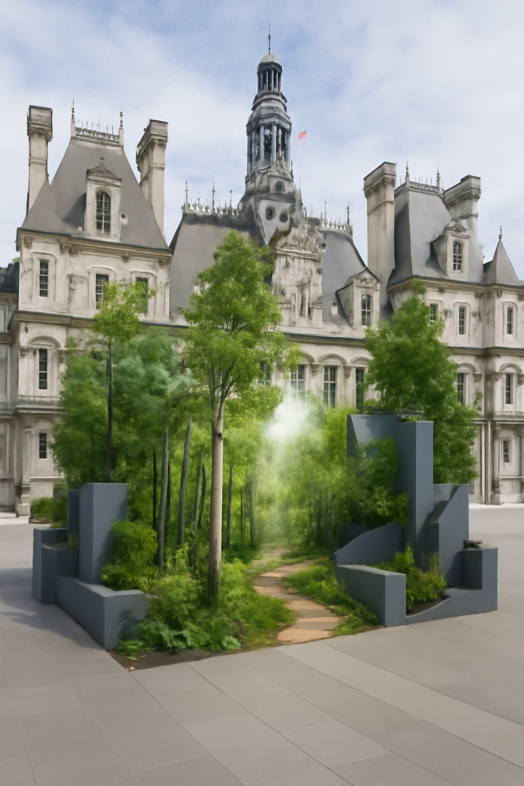découvrez la forêt urbaine en trompe-l'œil qui prend vie devant l'hôtel de ville de paris. une illusion de nature captivante qui vous plonge au cœur d'une expérience unique et immersive au milieu de la ville lumière.