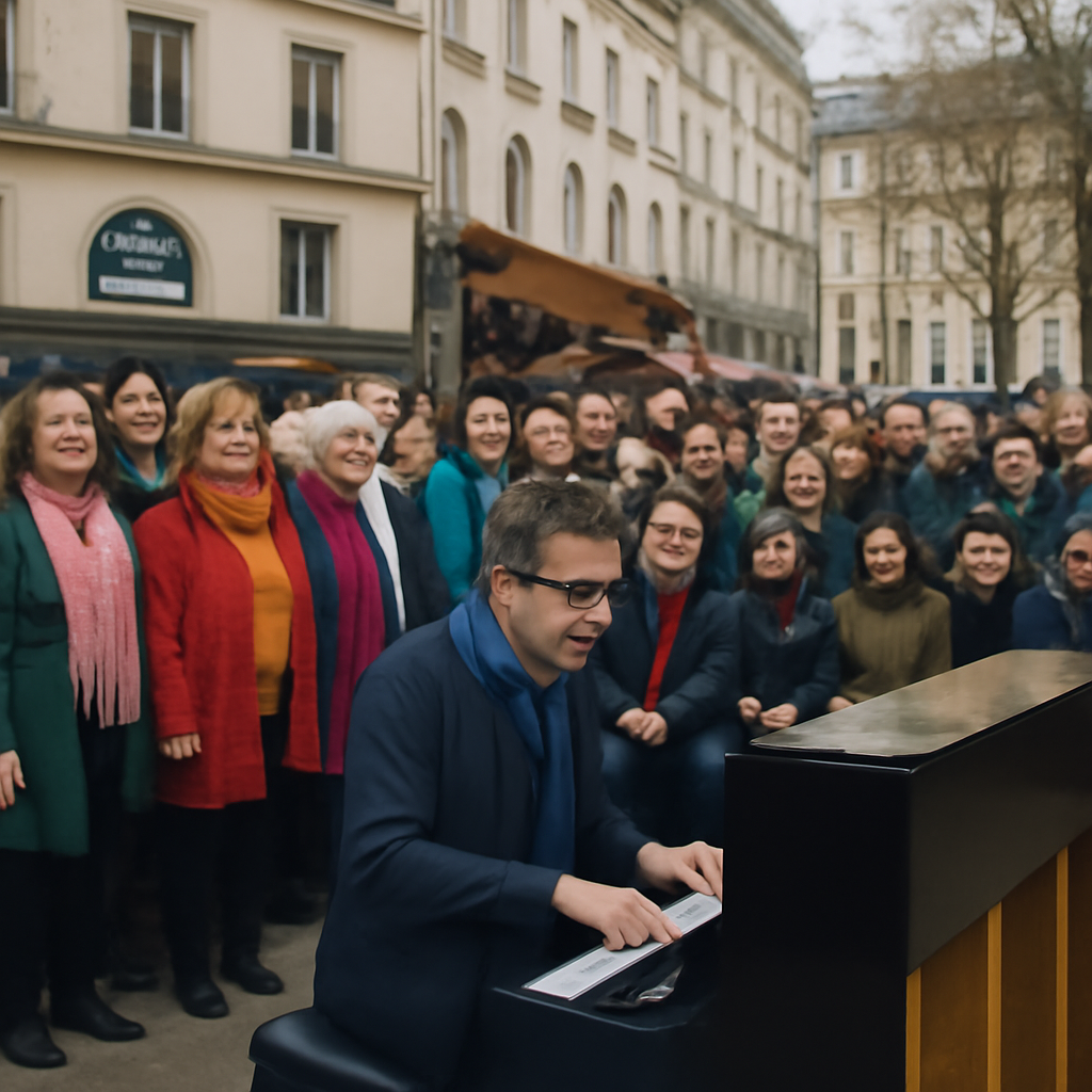découvrez julien cohen, le talentueux pianiste qui séduit les réseaux sociaux, en pleine performance sur la place de la contrescarpe à paris. un concert surprise qui fait battre le cœur de la ville et enchante les passants !
