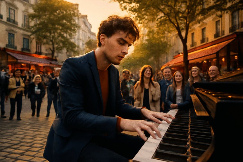découvrez julien cohen, le pianiste vedette des réseaux sociaux, qui enflamme la place de la contrescarpe à paris lors d'un concert surprise. plongez dans une expérience musicale unique et immersive au cœur de la capitale française.